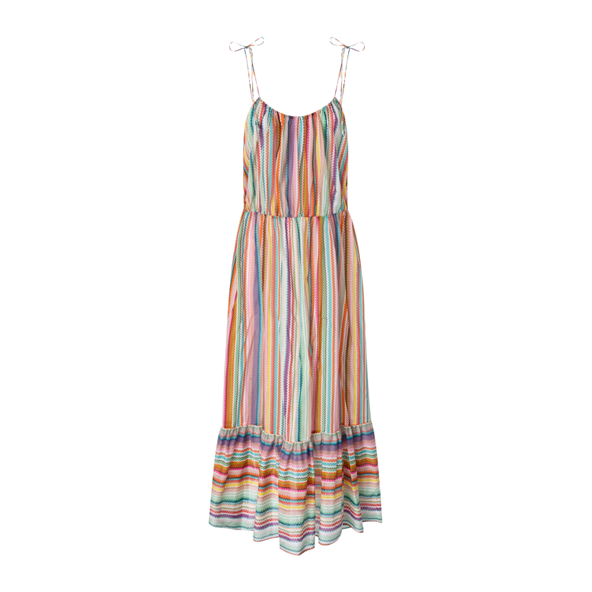 Robe longue de plage MISSONI à volants coton soie à motif zigzag multicolore