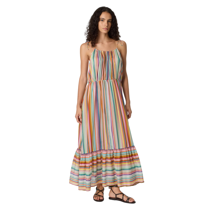 Robe longue de plage MISSONI à volants coton soie à motif zigzag multicolore
