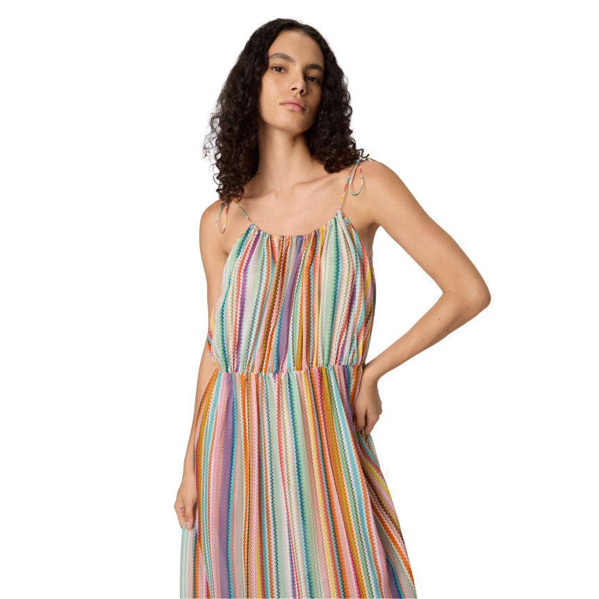 Robe longue de plage MISSONI à volants coton soie à motif zigzag multicolore