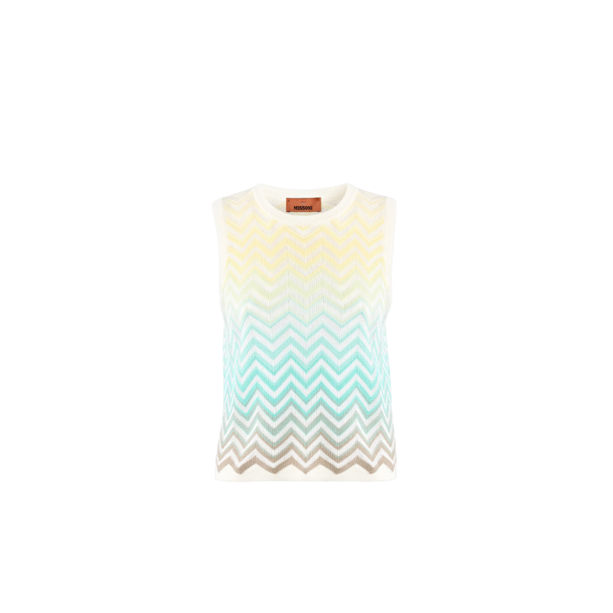 Top sans manches MISSONI en coton et viscose à motif chevron dégradé jaune turquoise