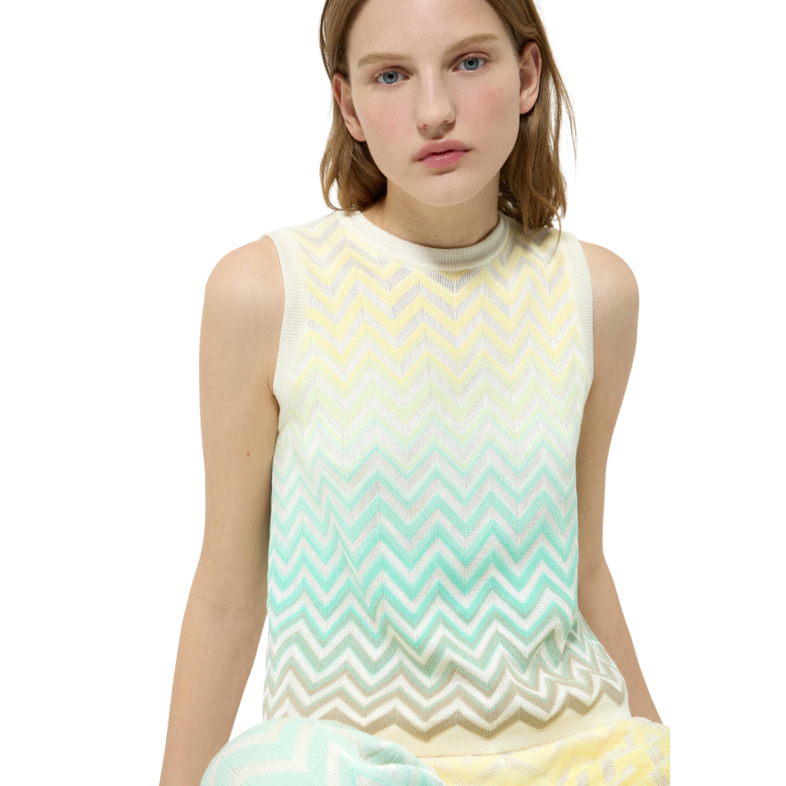 Top sans manches MISSONI en coton et viscose à motif chevron dégradé jaune turquoise