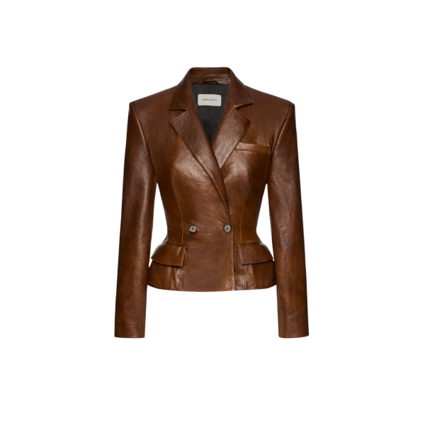 Blazer court cintré péplum cuir mouton marron délavé