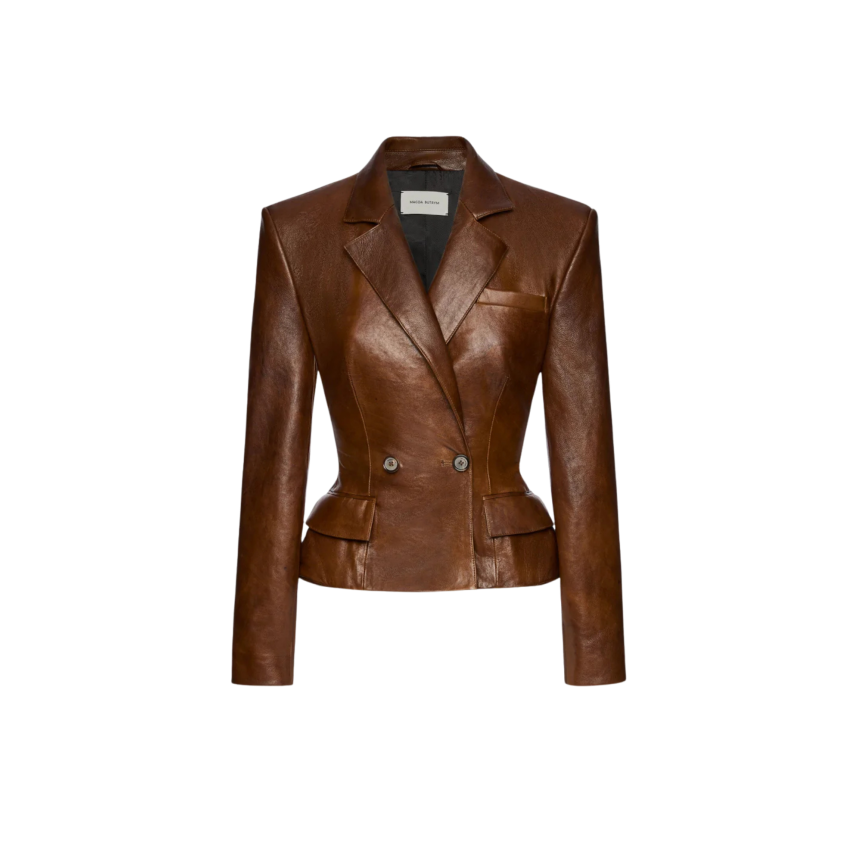 Blazer court cintré péplum cuir mouton marron délavé