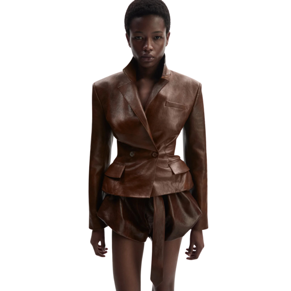 Blazer court cintré péplum cuir mouton marron délavé