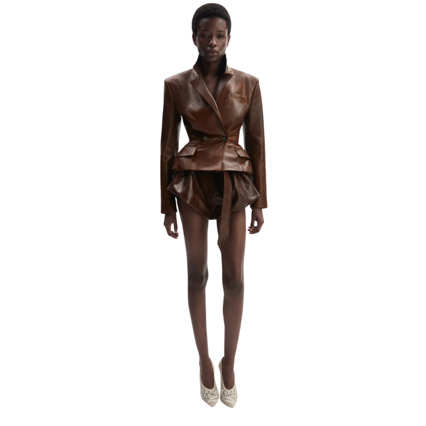 Blazer court cintré péplum cuir mouton marron délavé