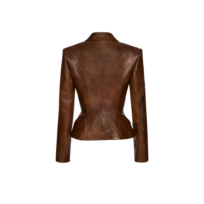Blazer court cintré péplum cuir mouton marron délavé