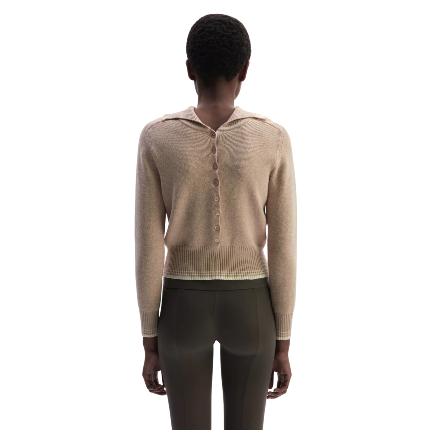 Pull col polo MAGDA BUTRYM réversible boutonné coton cachemire beige dentelle