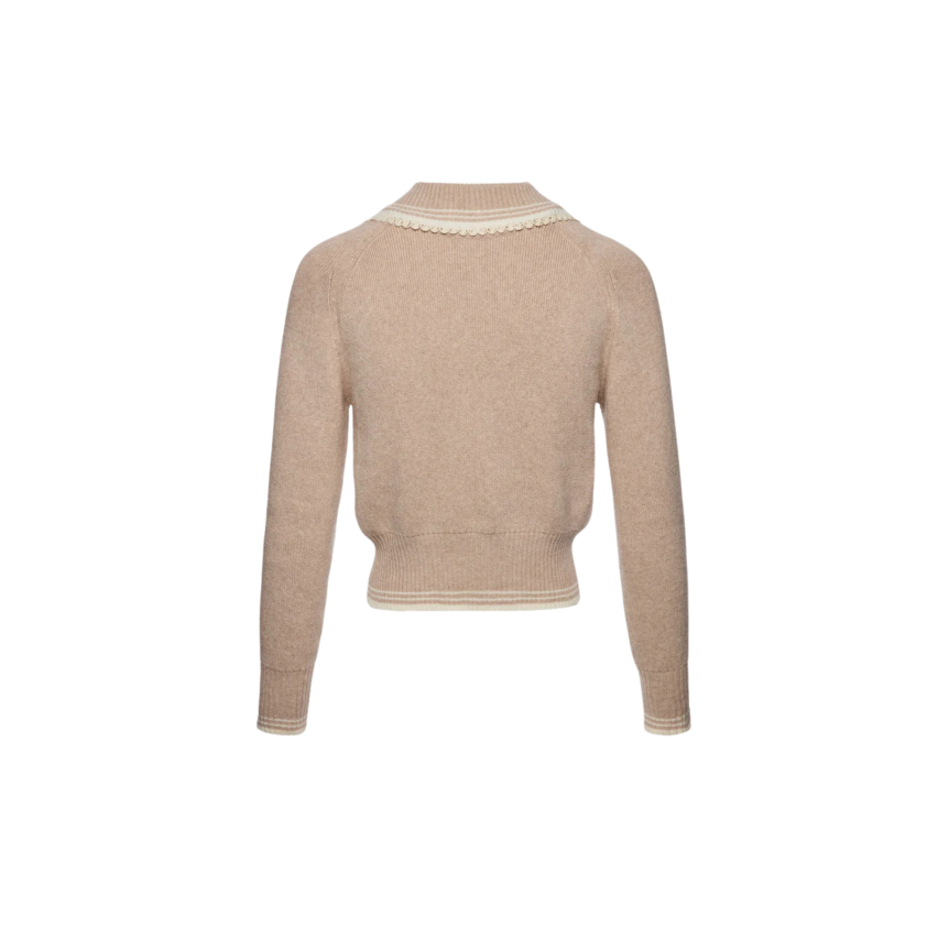 Pull col polo MAGDA BUTRYM réversible boutonné coton cachemire beige dentelle