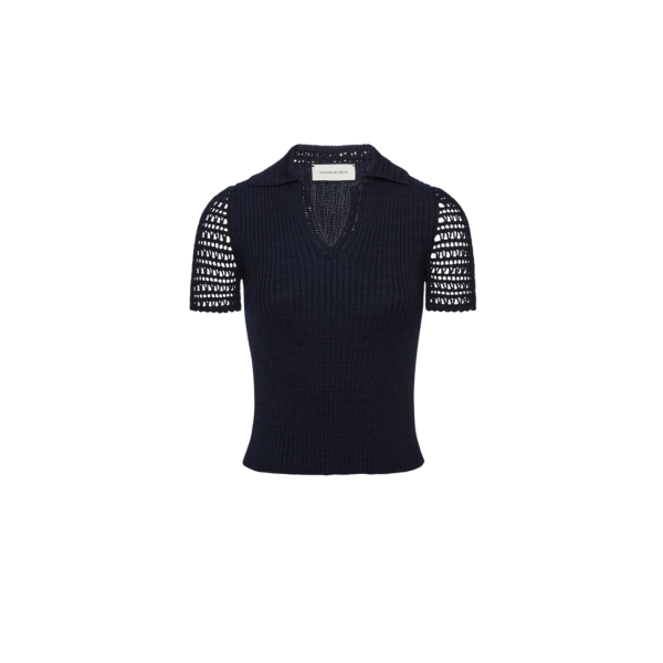 Pull col V polo MAGDA BUTRYM coton ajouré crochet bleu marine