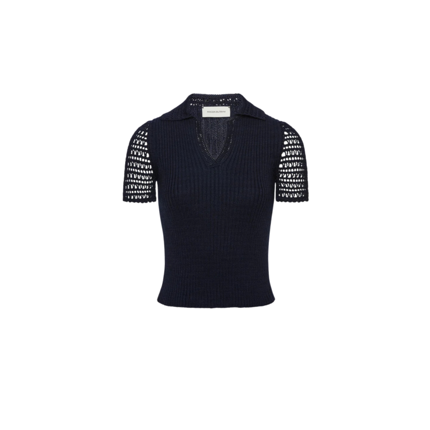 Pull col V polo MAGDA BUTRYM coton ajouré crochet bleu marine