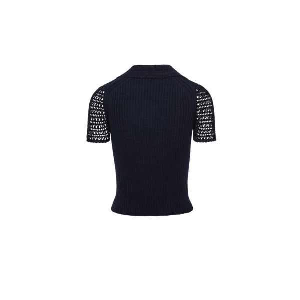 Pull col V polo MAGDA BUTRYM coton ajouré crochet bleu marine
