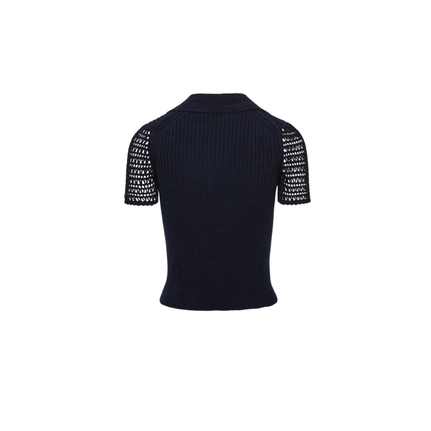 Pull col V polo MAGDA BUTRYM coton ajouré crochet bleu marine
