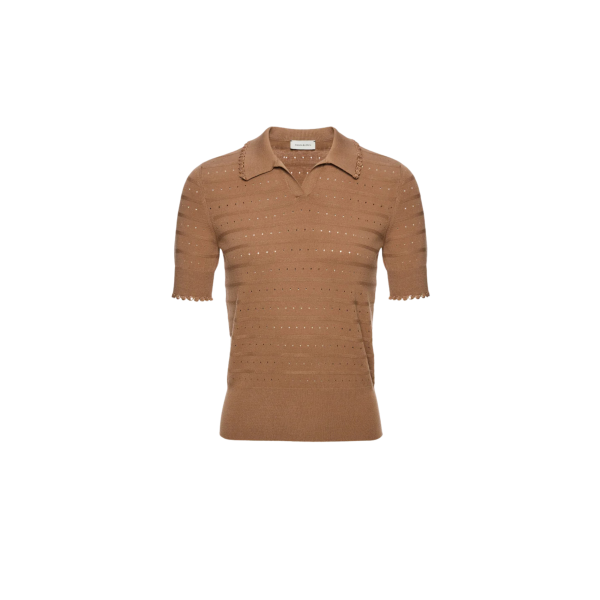Pull polo col V MAGDA BUTRYM manche courte volants maille viscose ajouré camel