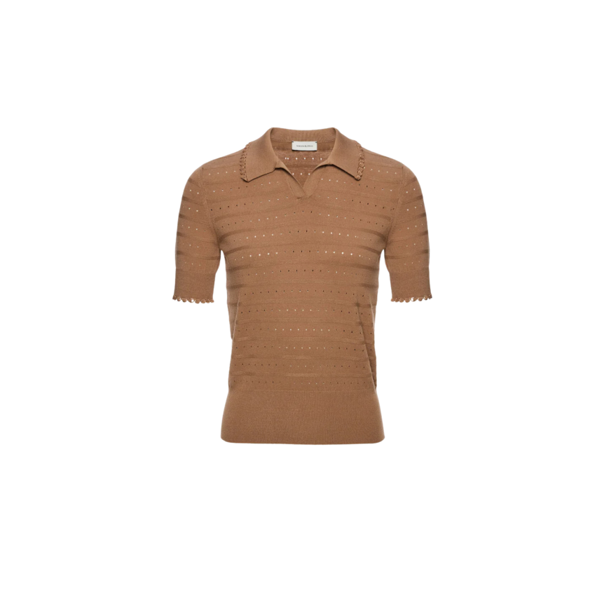 Pull polo col V MAGDA BUTRYM manche courte volants maille viscose ajouré camel