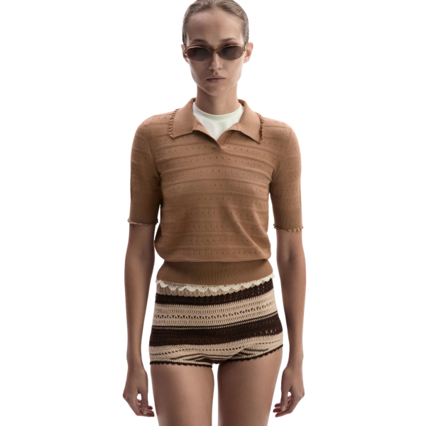 Pull polo col V MAGDA BUTRYM manche courte volants maille viscose ajouré camel