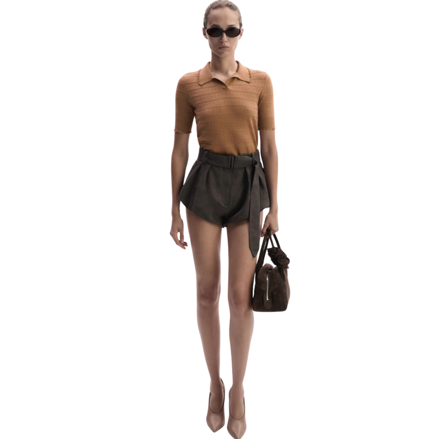 Pull polo col V MAGDA BUTRYM manche courte volants maille viscose ajouré camel