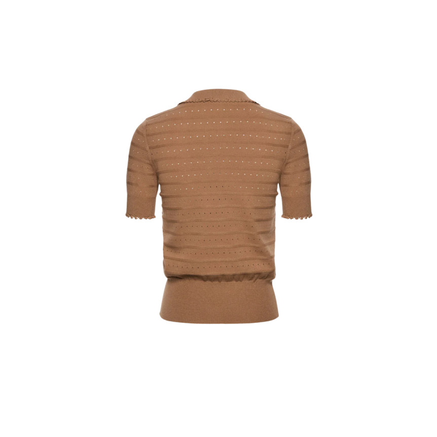 Pull polo col V MAGDA BUTRYM manche courte volants maille viscose ajouré camel