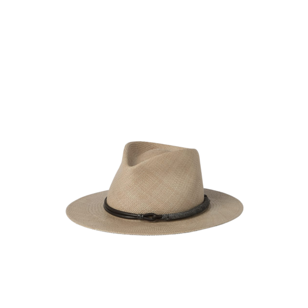 Chapeau BRUNELLO CUCINELLI Fedora paille beige bande cuir fantaisie marron