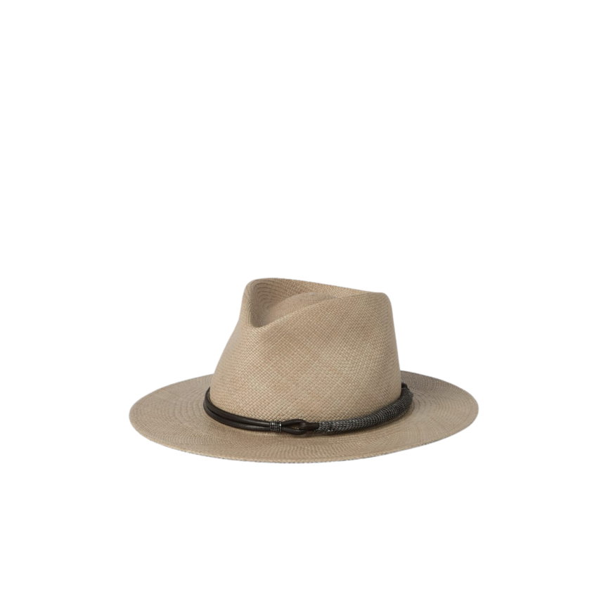 Chapeau BRUNELLO CUCINELLI Fedora paille beige bande cuir fantaisie marron