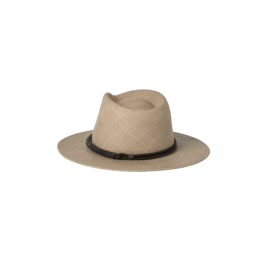 Chapeau BRUNELLO CUCINELLI Fedora paille beige bande cuir fantaisie marron