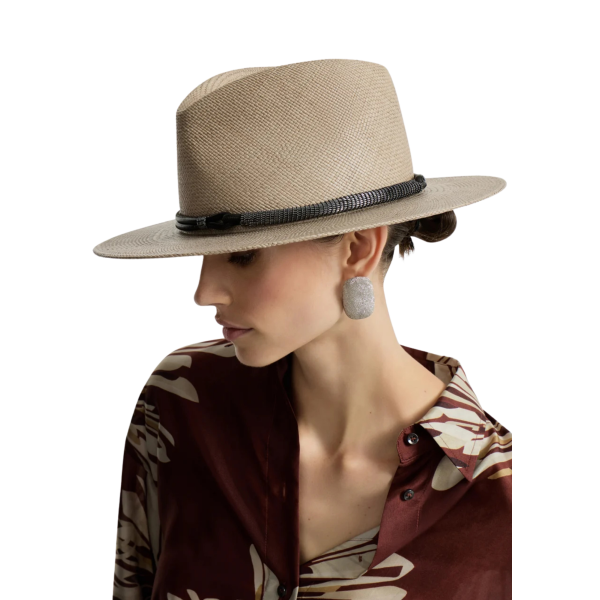 Chapeau BRUNELLO CUCINELLI Fedora paille beige bande cuir fantaisie marron