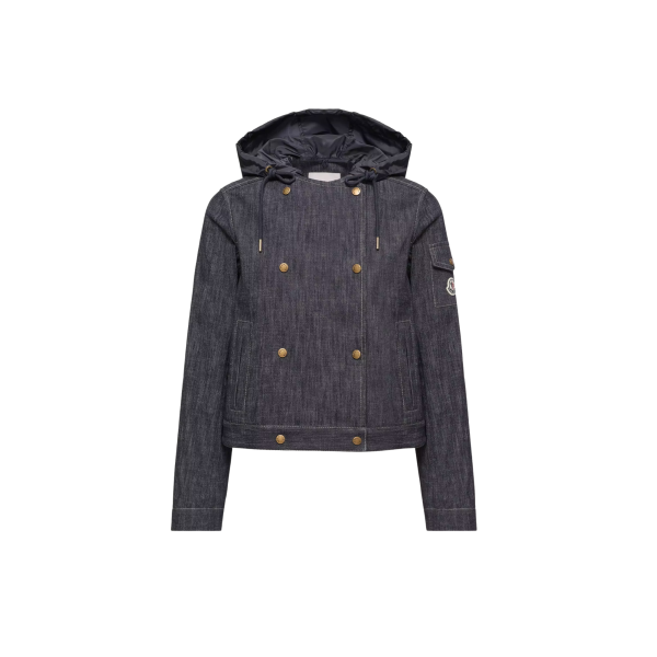 Veste à double boutonnage MONCLER Diervilla coton denim bleu brut capuche nylon