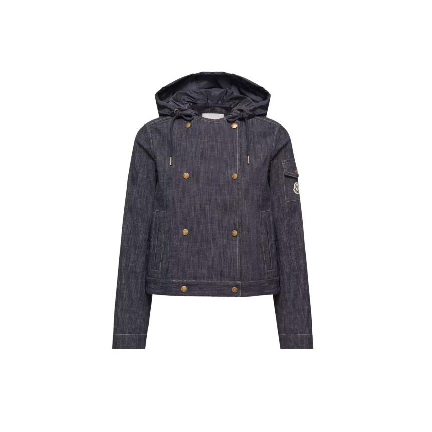 Veste à double boutonnage MONCLER Diervilla coton denim bleu brut capuche nylon
