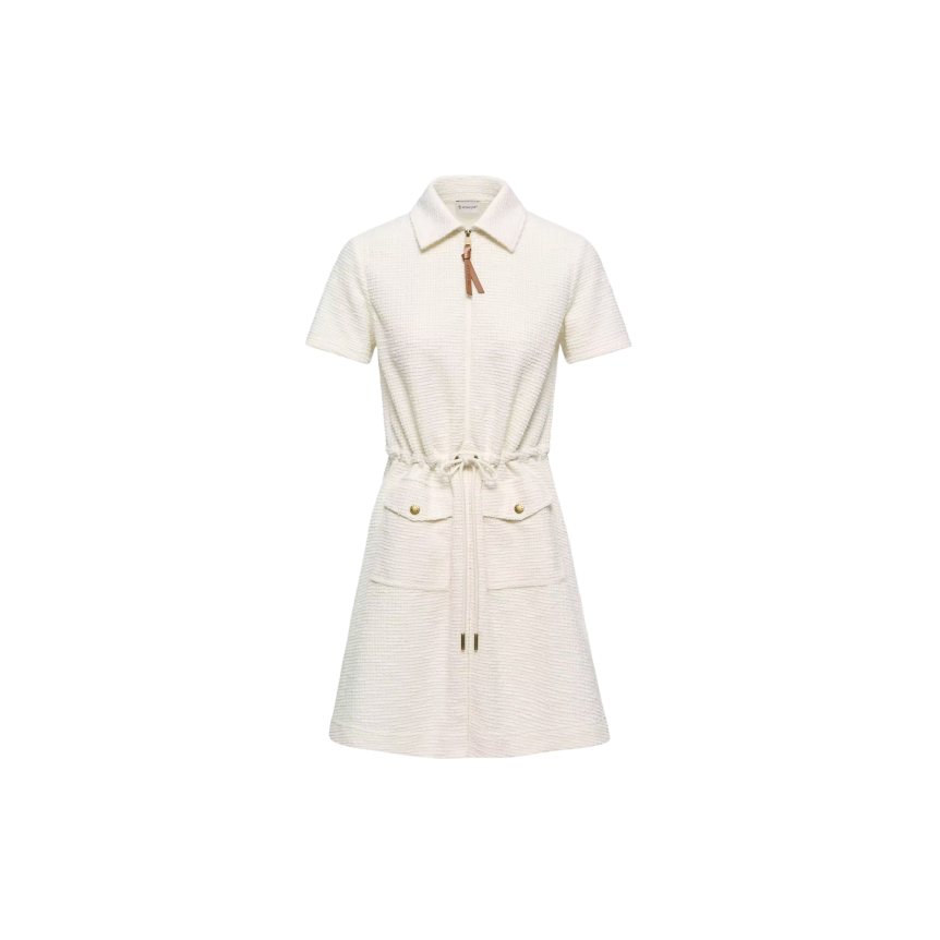 Mini robe col polo zippé MONCLER bouclé écru cordon taille