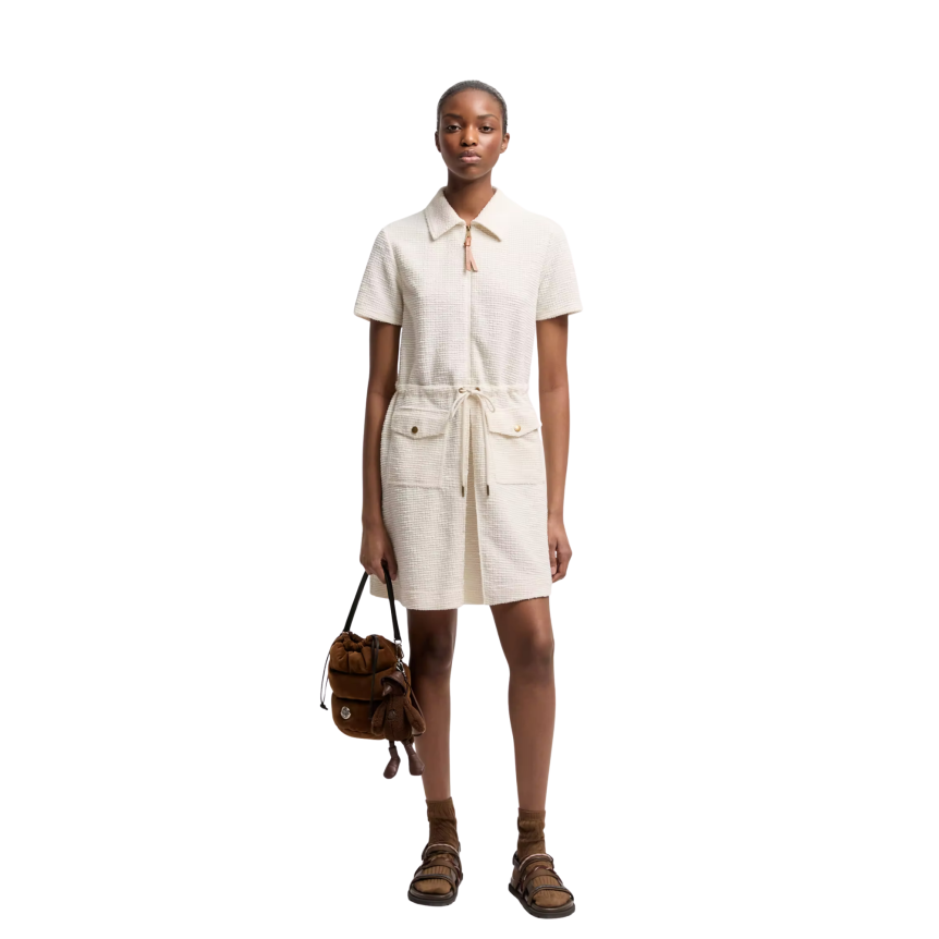 Mini robe col polo zippé MONCLER bouclé écru cordon taille