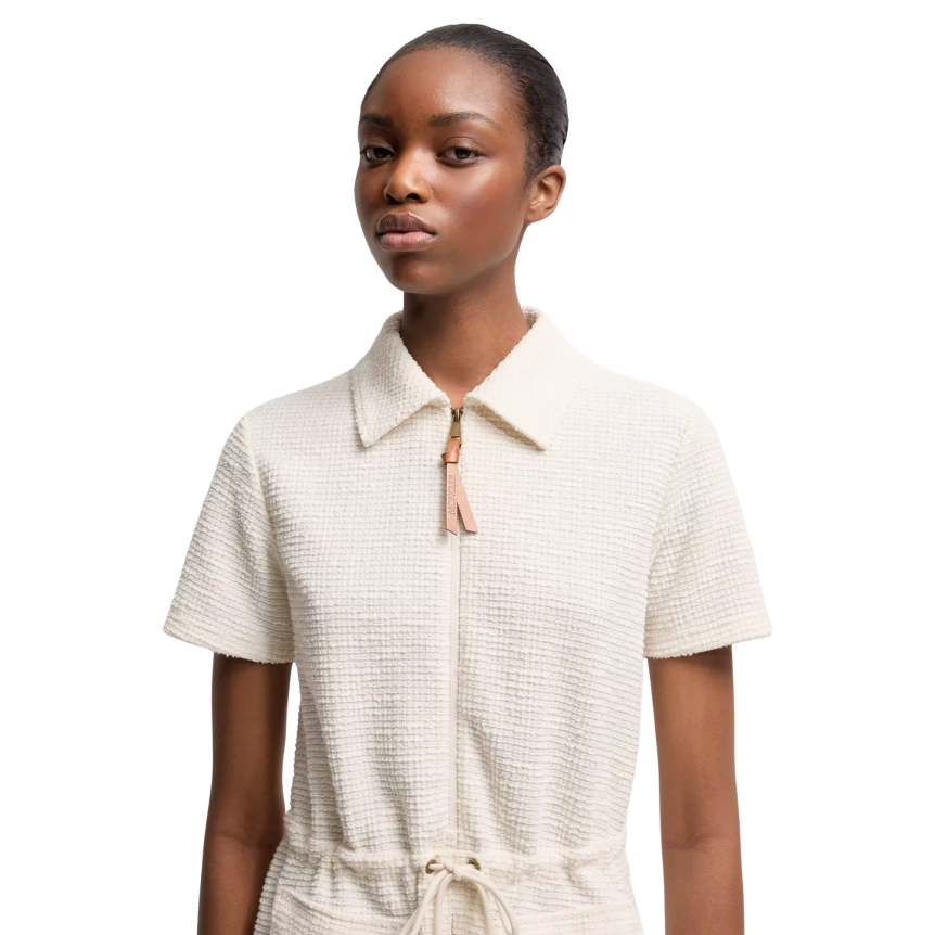 Mini robe col polo zippé MONCLER bouclé écru cordon taille