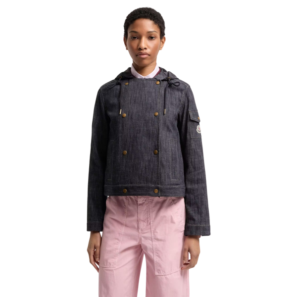 Veste à double boutonnage MONCLER Diervilla coton denim bleu brut capuche nylon