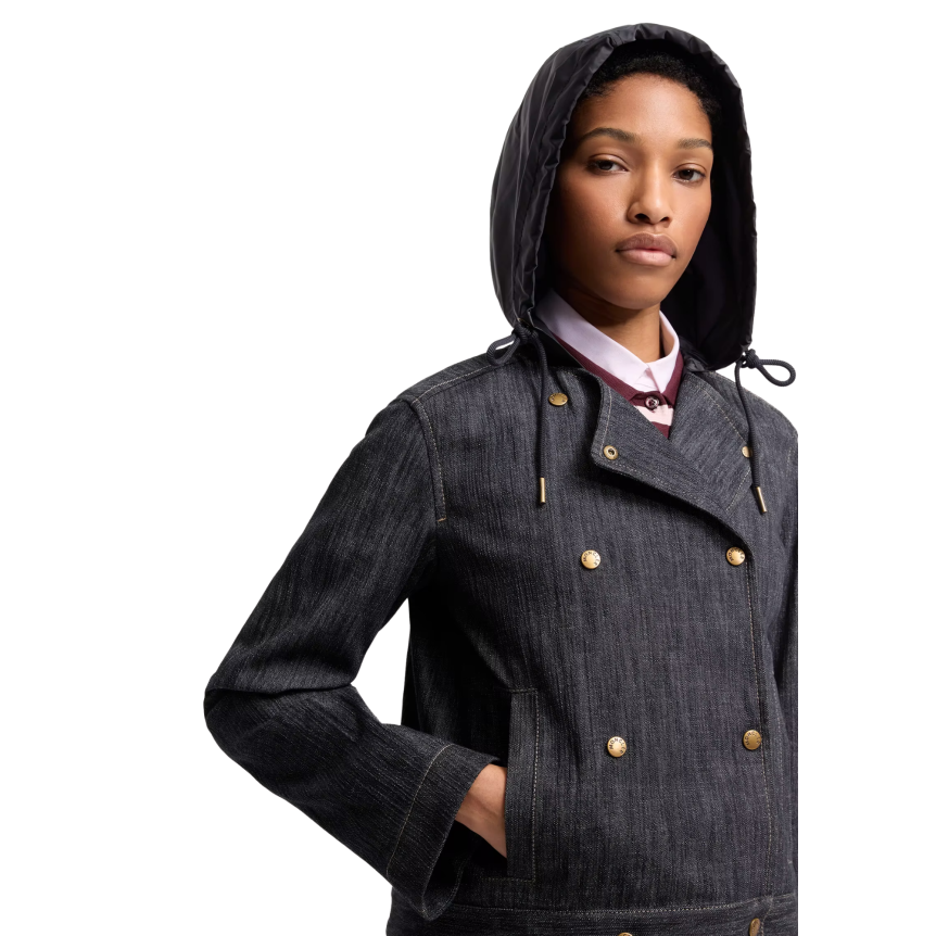 Veste à double boutonnage MONCLER Diervilla coton denim bleu brut capuche nylon