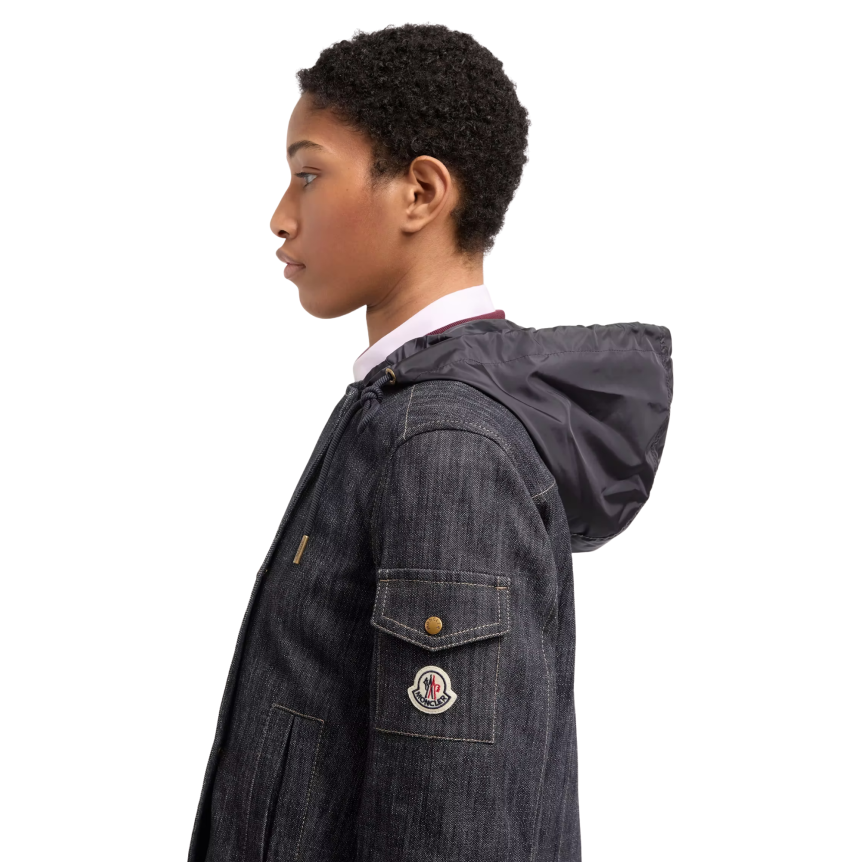 Veste à double boutonnage MONCLER Diervilla coton denim bleu brut capuche nylon