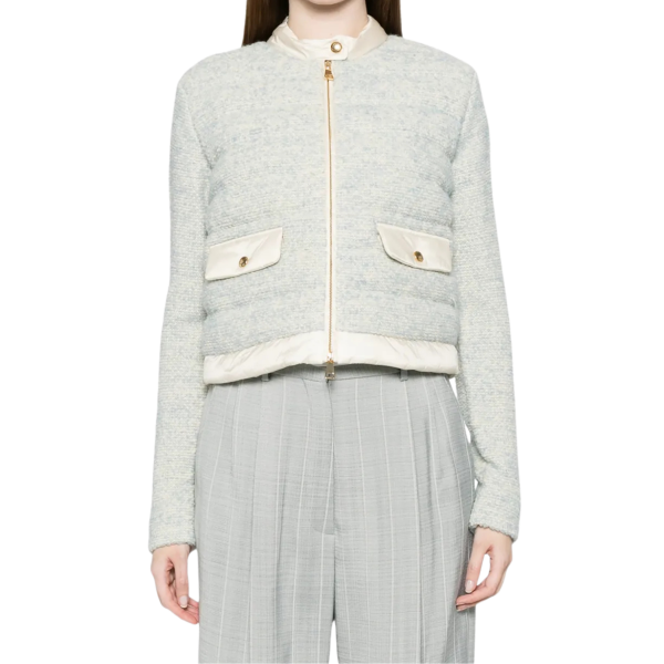 Cardigan veste zippée MONCLER bi matière bleu ciel chiné dos écru