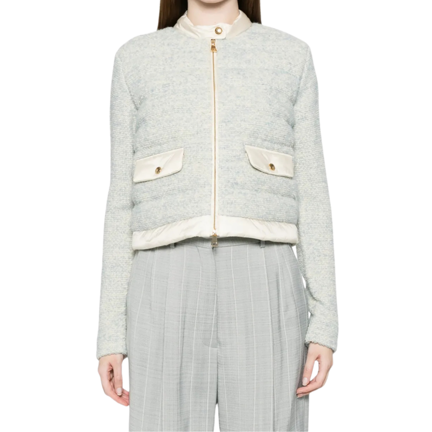 Cardigan veste zippée MONCLER bi matière bleu ciel chiné dos écru