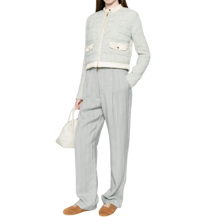 Cardigan veste zippée MONCLER bi matière bleu ciel chiné dos écru