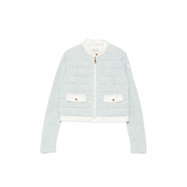 Cardigan veste zippée MONCLER bi matière bleu ciel chiné dos écru