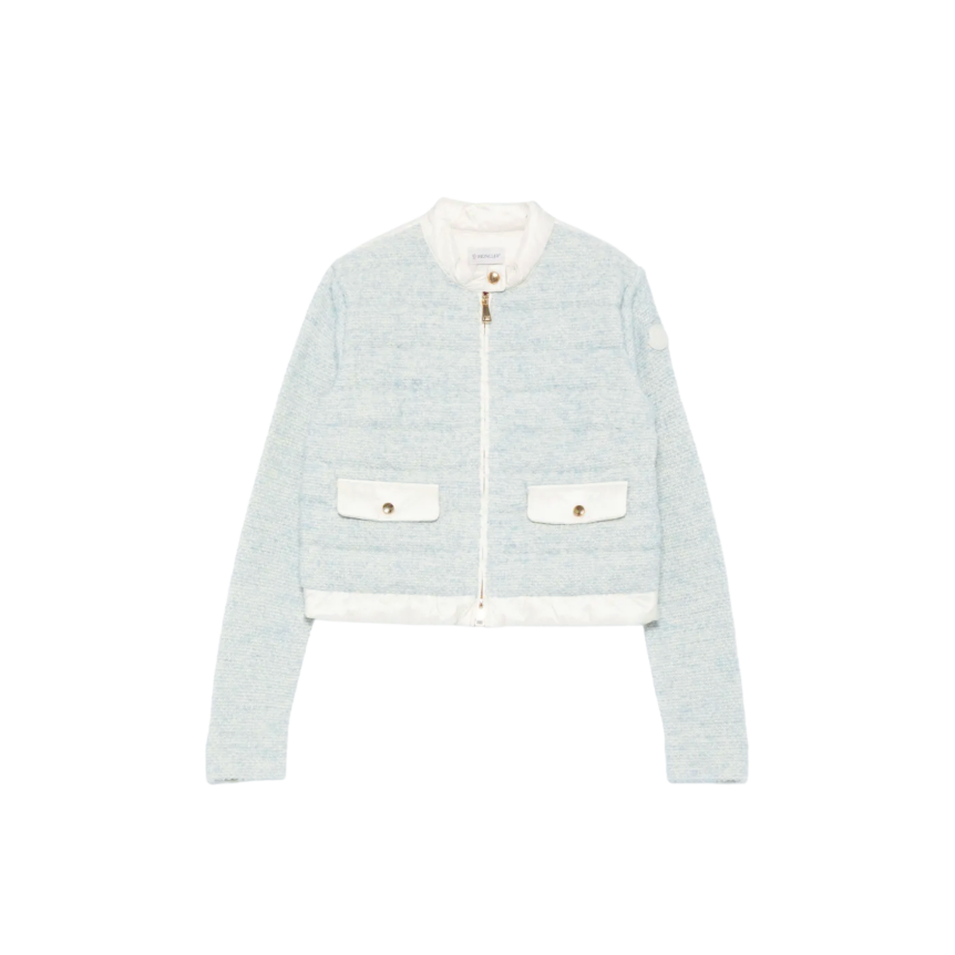 Cardigan veste zippée MONCLER bi matière bleu ciel chiné dos écru