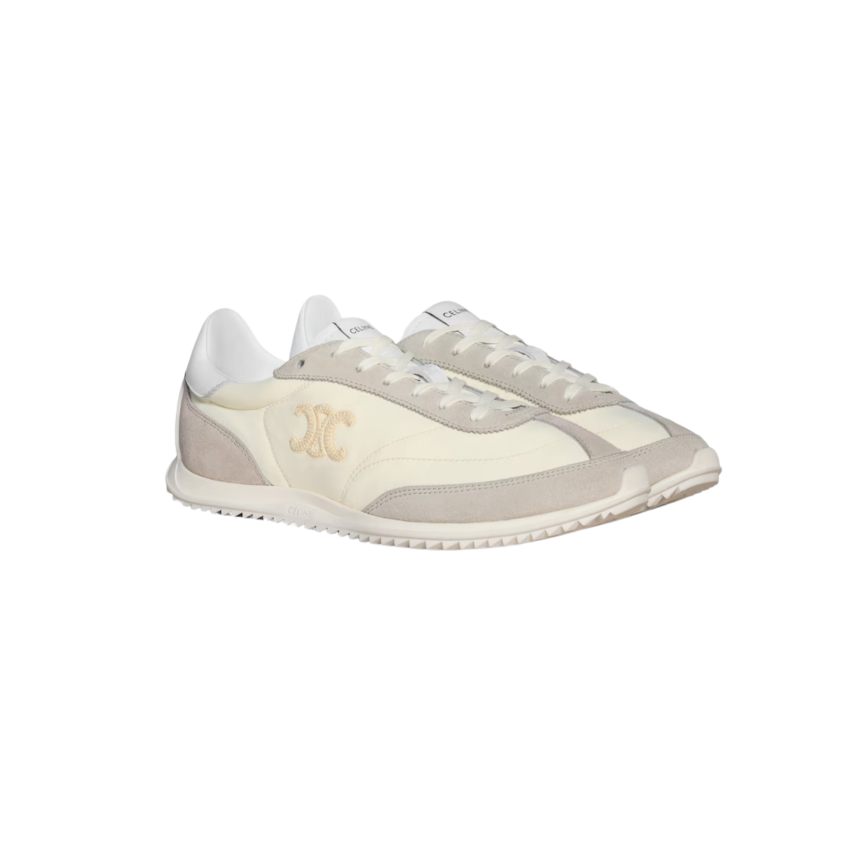Baskets CELINE Racer daim gris nylon écru broderie logo triomphe