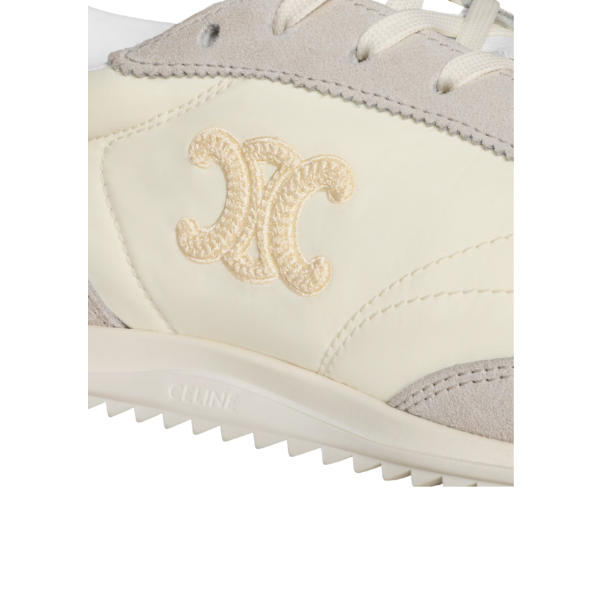 Baskets CELINE Racer daim gris nylon écru broderie logo triomphe