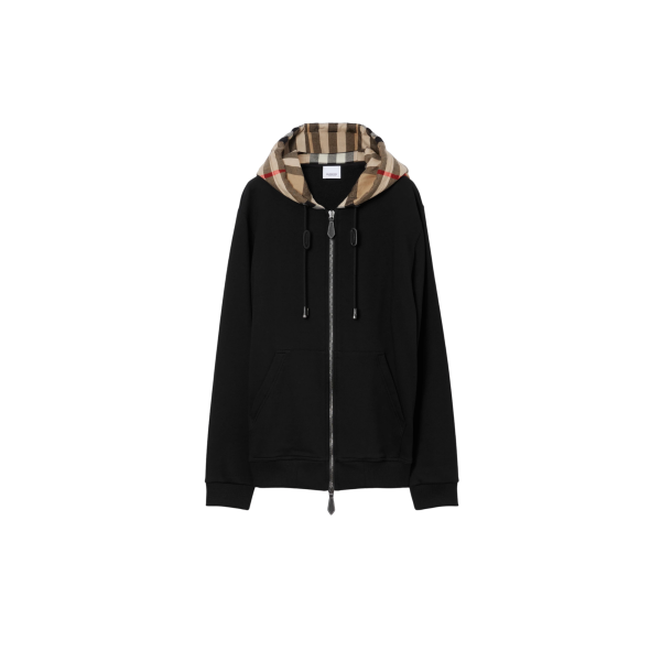 Sweat-shirt cardigan zippé BURBERRY Samuel coton noir capuche flanelle carreaux Check beige