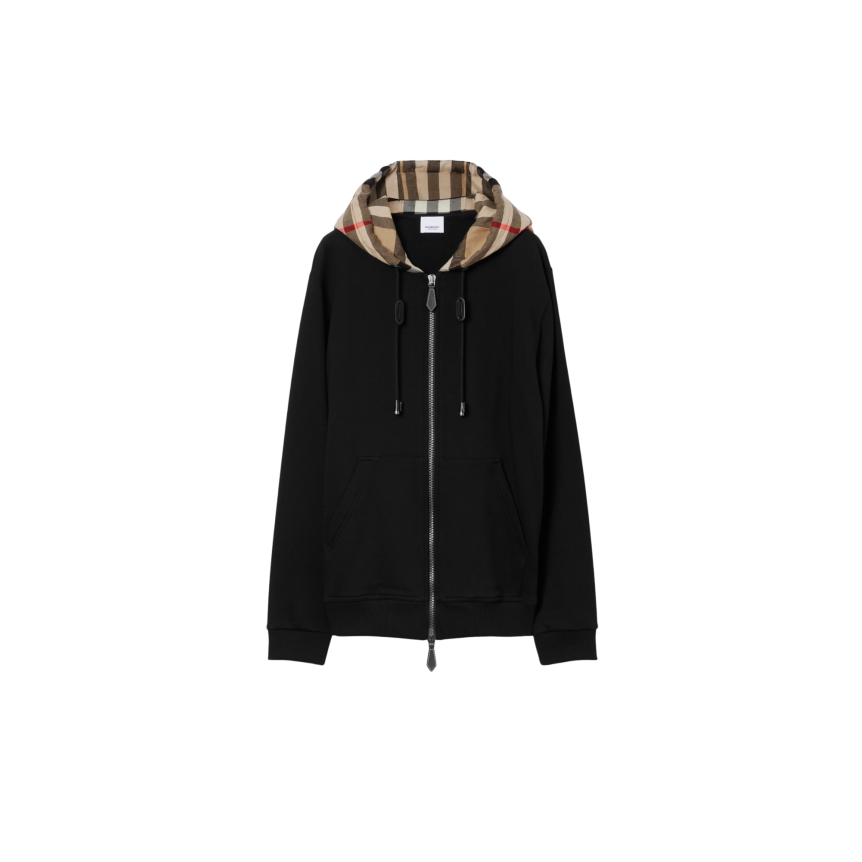 Sweat-shirt cardigan zippé BURBERRY Samuel coton noir capuche flanelle carreaux Check beige