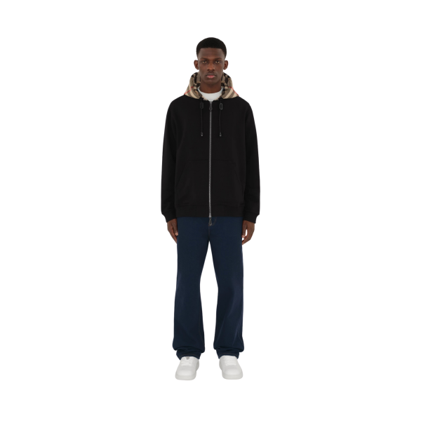 Sweat-shirt cardigan zippé BURBERRY Samuel coton noir capuche flanelle carreaux Check beige