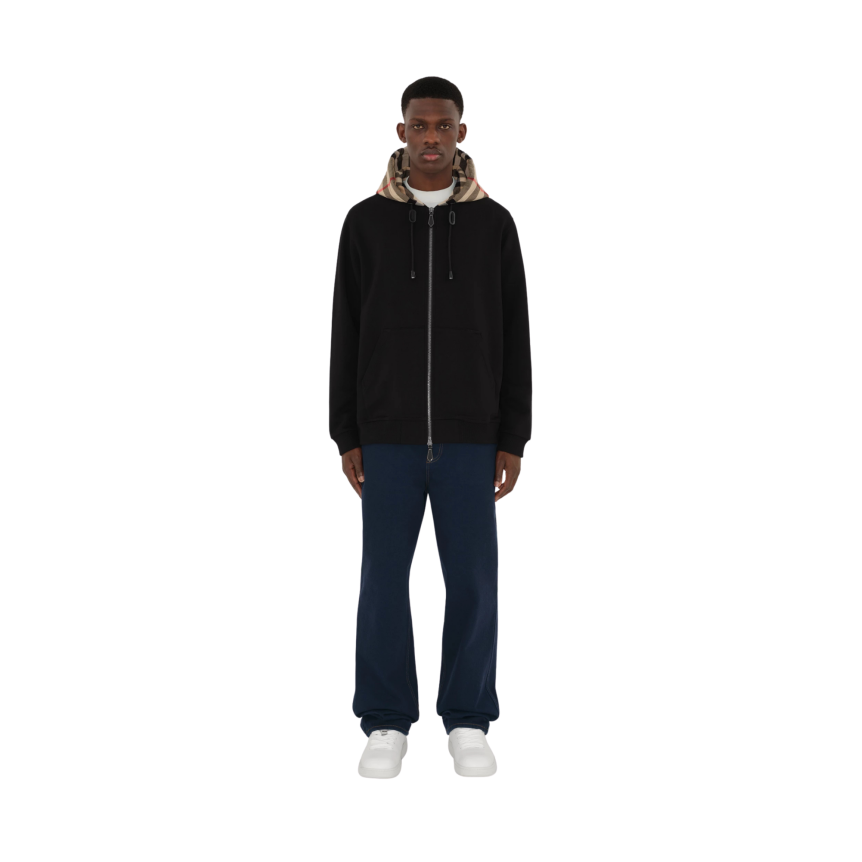 Sweat-shirt cardigan zippé BURBERRY Samuel coton noir capuche flanelle carreaux Check beige
