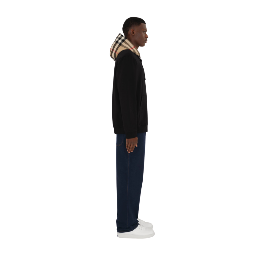 Sweat-shirt cardigan zippé BURBERRY Samuel coton noir capuche flanelle carreaux Check beige