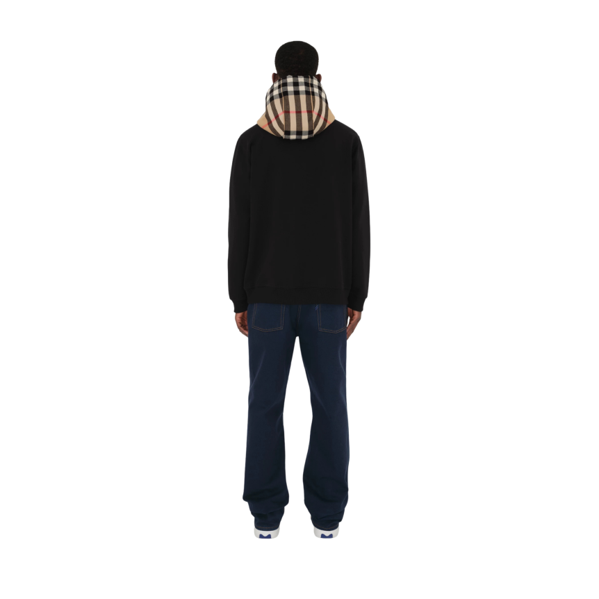 Sweat-shirt cardigan zippé BURBERRY Samuel coton noir capuche flanelle carreaux Check beige