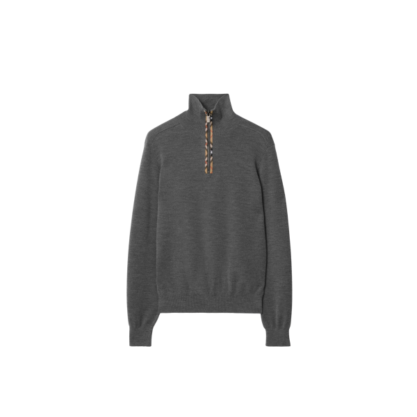 Pull semi zippé BURBERRY Cameron laine gris col Check