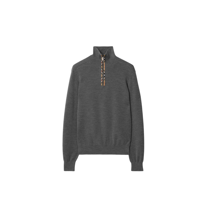Pull semi zippé BURBERRY Cameron laine gris col Check