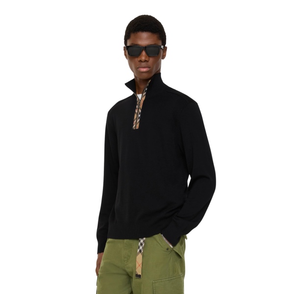 Pull semi zippé BURBERRY Cameron laine noir Check