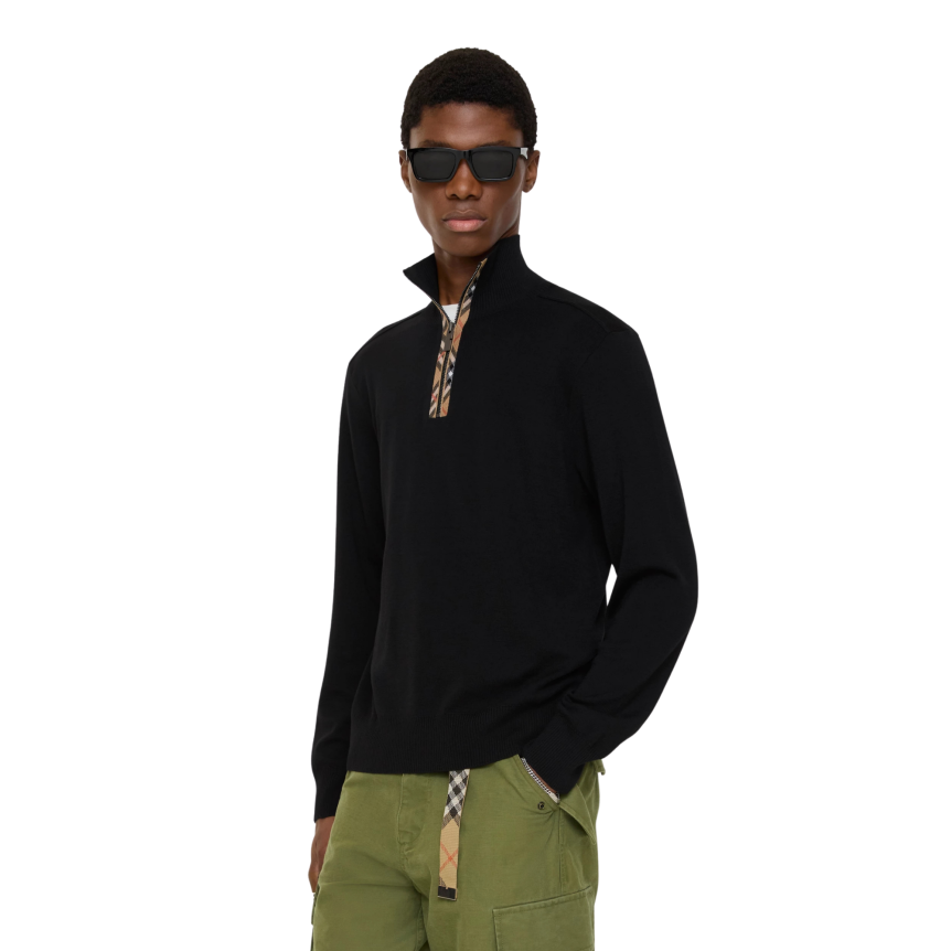 Pull semi zippé BURBERRY Cameron laine noir Check